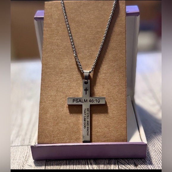 Jewelry - Stainless Steel Cross Necklace Bible Verse Psalm 46:10 Christian Jewelry